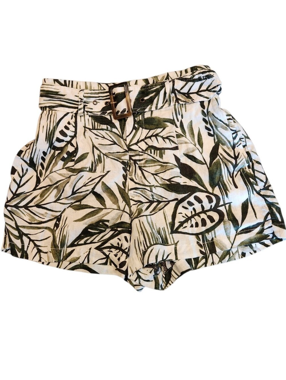 Tahari 100% Linen Tropical Leaf Print Belted Shorts Size S Cream/Green Pockets